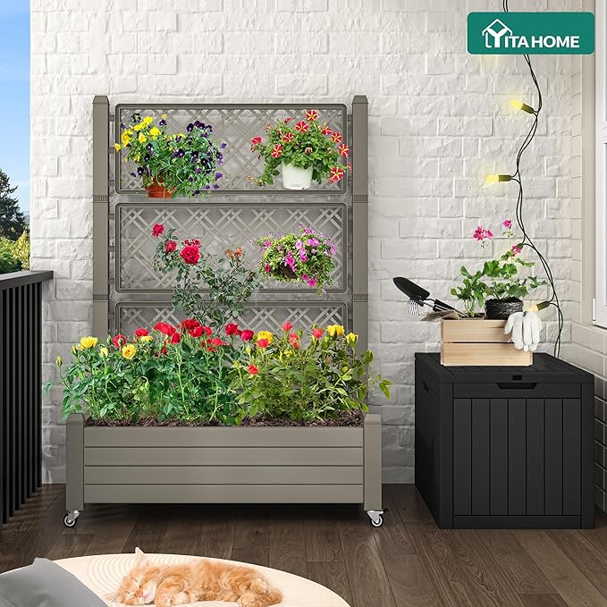 YITAHOME 3.6x1.5x5 FT Planter Box Trellis with Wheels, Large Outdoor Plastic Raised Garden Bed with Drain Plug for Climbing Plants, Light Brown YITAHOME