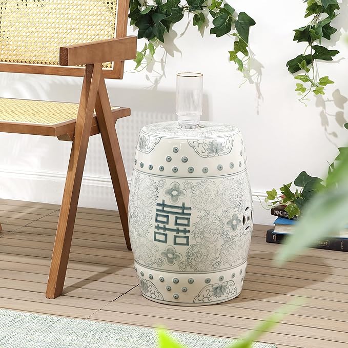 JONATHAN Y TBL1013C Double Happiness 18" Chinoiserie Ceramic Drum Indoor/Outdoor Garden Stool Bohemian, Coastal, Classic, Cottage, Traditional, Patio, Garden, Bathroom, Living Room, Gray Blue/White JONATHANY