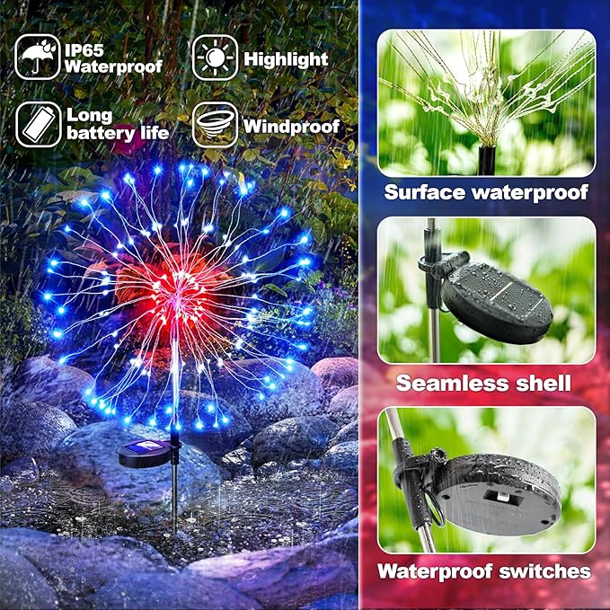 Anordsem Solar Garden Lights Outdoor: Bendable Copper Wire with 120 LED Firework Beads - Waterproof 2 Red Lighting Modes for Yard Patio Path - Gardening Gifts for Homeowner Gardener Anordsem