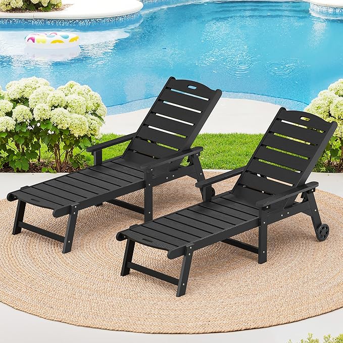 LUE BONA Outdoor Chaise Lounge Chairs Set of 2, HDPS Lounge Chair, 5 Positions Adjustable Pool Lounge Chairs, Patio Furniture Sets with Wheels for Poolside, Hotel, Restaurant, 3 Year Warranty, Black LUEBONA