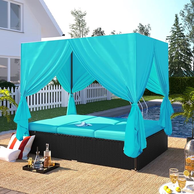 Patio Chaise Lounge, PE Rattan Outdoor Patio Wicker Sunbed Daybed with Adjustable Seats, Four-sided Canopy, Overhead Curtain and Blue Cushions for Backyard, Garden, Poolside (for 2-6 people) HarperBrightDesigns