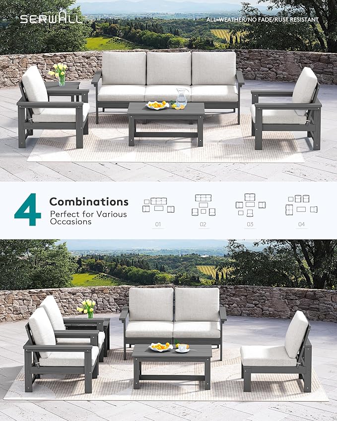 SERWALL HDPE Patio Furniture Set, 7-piece Outdoor Sectional Sofa Set, All Weather Outdoor Couch Set for Deck, Lawn, Grey Frame with Khaki Cushion SERWALL