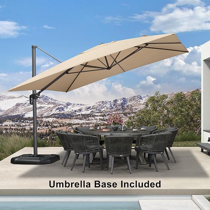 PURPLE LEAF 11.5' X 11.5' Telescopic Patio Umbrella with Base Included Lifting Cantilever Offset Square Large Umbrella for Pool Outdoor Patio Deck Garden Beige PURPLELEAF