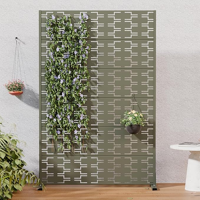 Casaphoria Metal Privacy Screen Outdoor, 72" H x 47" W Freestanding Decorative Privacy Screen for Patio Deck Balcony Garden with Stable Base, Grey-Brick Casaphoria
