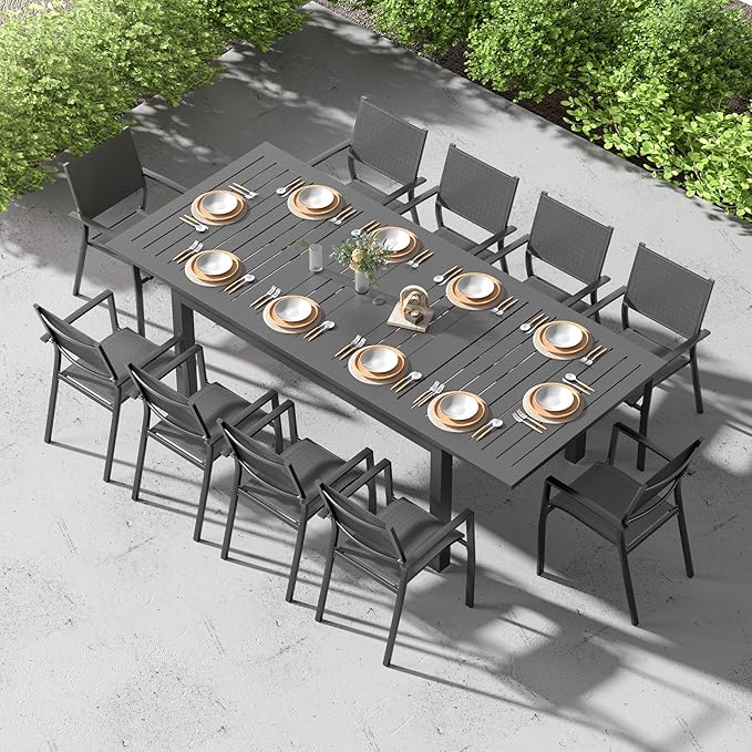 Expandable Aluminum Outdoor Dining Table, 3-Adjustable Lengths Patio Dining Table for 6-10 Person, 91.7" L x 33.5" W Metal Patio Table with Umbrella Hole Adjustable Feet for Garden Porch Deck, Grey Bringyoubetterlife
