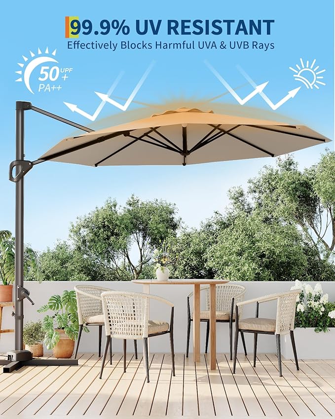 GarveeLife 10FT Patio Umbrella Outdoor Large Cantilever Umbrella Market Sun Shade Windproof Offset Umbrella with 360-Degree Rotation for Garden Deck Pool Patio, Tan GarveeLife
