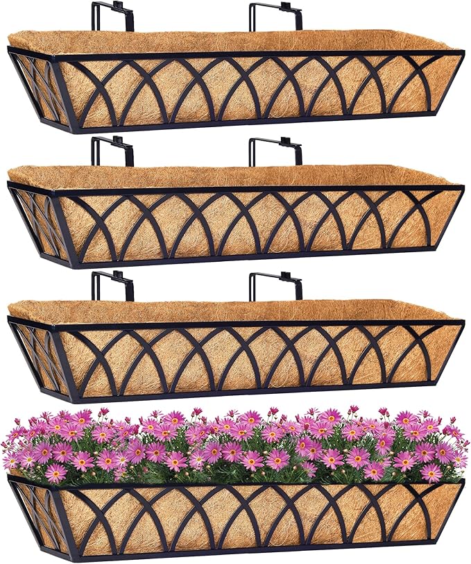 30 Inch Window Deck with Coco Liner Set of 4, 30" Window Boxes Horse Trough with Coconut Coir Liner, Metal Hanging Flower Planter Basket Deck Railing Planter Boxes for Outdoor Indoor Lawn LAWYAMAI