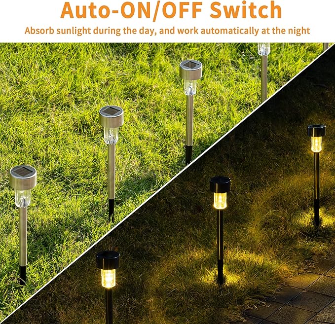 GIGALUMI Solar Pathway Lights, Stainless Steel IP44 Waterproof Auto On/Off Outdoor LED Solar Landscape Lights for Garden, Yard, Patio, Path and Walkway(12 Pack, Warm White) GIGALUMI