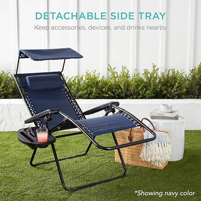 Best Choice Products Folding Zero Gravity Outdoor Recliner Patio Lounge Chair w/Adjustable Canopy Shade, Headrest, Side Accessory Tray, Textilene Mesh - Ivory BestChoiceProducts