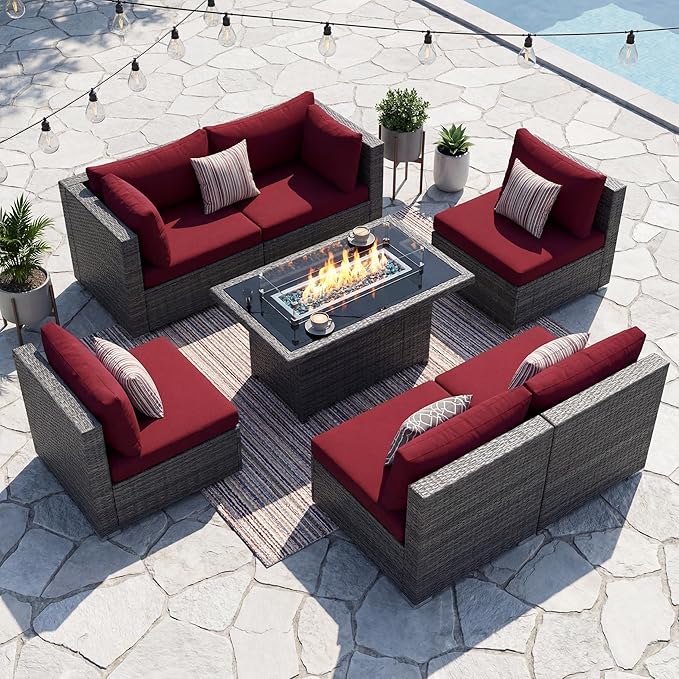 NICESOUL 7 Piece Outdoor Patio Furniture with Firepit Table Natural Gas & Propane Convertible, 29.3'' High Back L Shaped Couch Sectional, Extra Large Rattan Patio Modular Set for Backyard, Burgundy NICESOUL