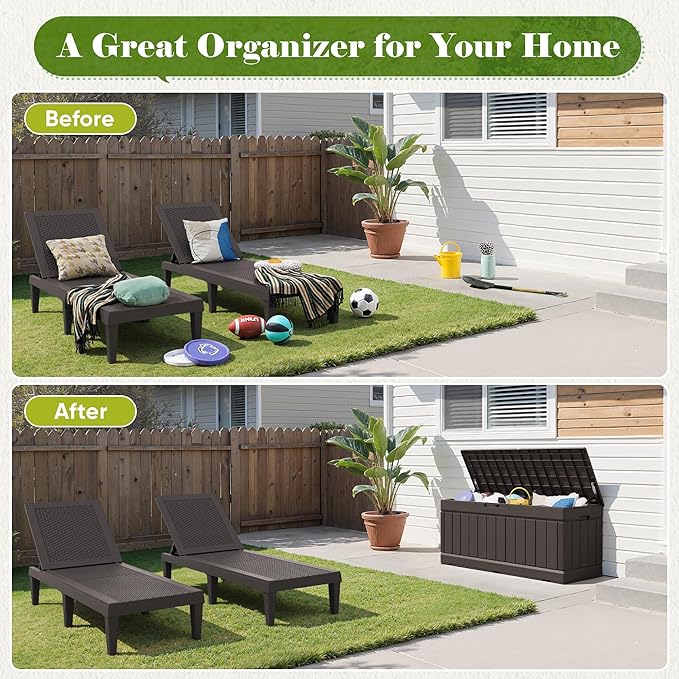 Flamaker Outdoor Storage Box 80 Gallon Resin Waterproof Deck Box Delivery Box with Wood Texture Large Storage Bin for Patio Cushions (Brown) Flamaker
