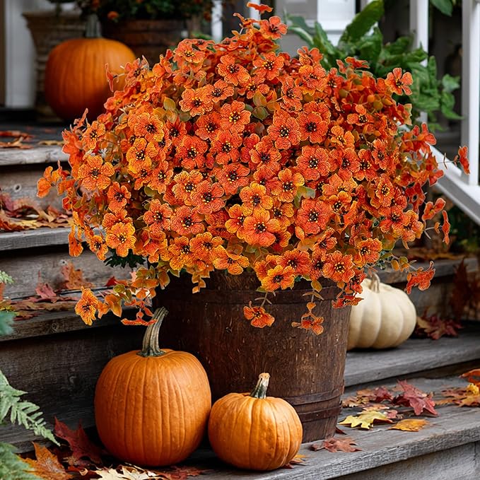 Artificial Fall Flowers Outdoor Fake Mums - 16 Bundles Fake Plants UV Resistant No Fade Faux Plastic Greenery Garden Porch Patio Fall Home Decor (Orangegreen) AXYLEX
