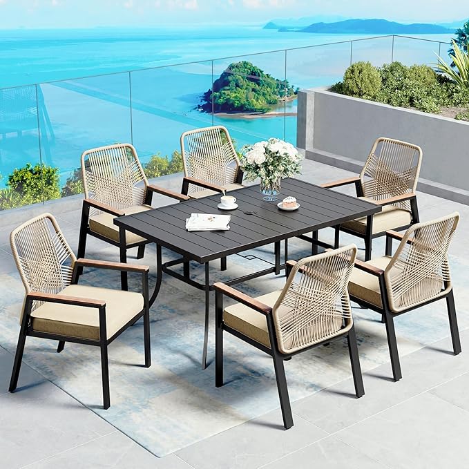 7 Pieces Patio Dining Set, 6 x Woven Rattan Chairs with Waterproof Cushion, 59" Rectangular Metal Dining Table with Umbrella Hole, Outdoor Table and Chairs Set for Backyard Lawn and Deck, Beige SUNSHINEVALLEY