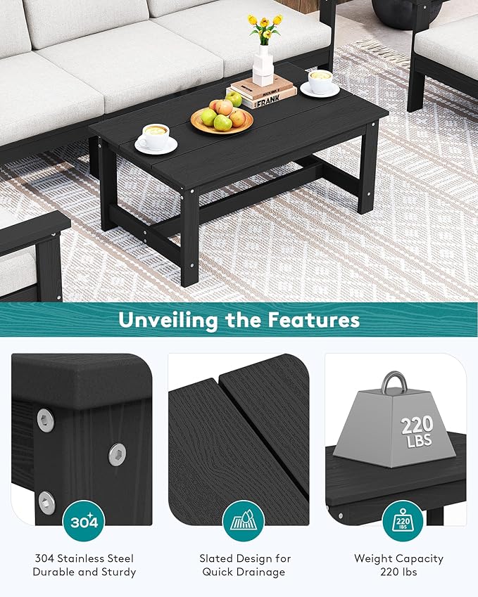 SERWALL HDPE Patio Coffee Table for Balcony, Deck, Black SERWALL
