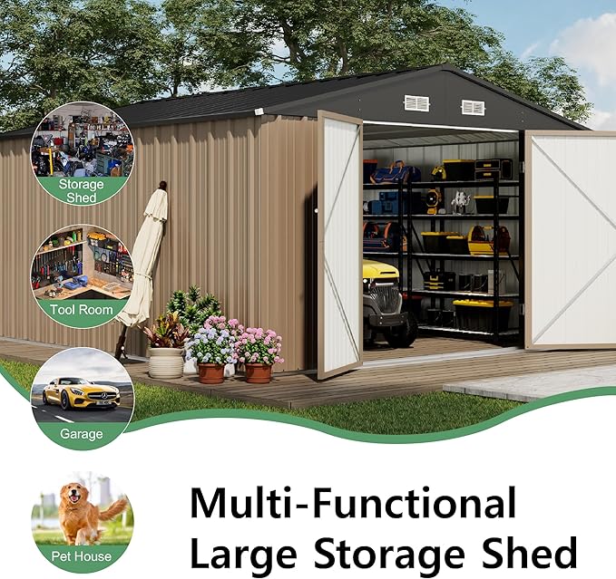 Devoko 10x12 FT Outdoor Storage Shed, Large Metal Storage Sheds with Lockable Door, Utility Garden Tool Shed with Sloping Roof, Outside Steel Storage Sheds for Patio Lawn Backyard, Brown DEVOKO
