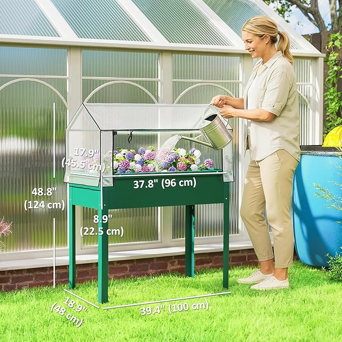 Outsunny Raised Garden Bed with Greenhouse Cover, Elevated Planter Box with Legs and Drainage Hole for Vegetables Flowers Herbs, 39.4" x 18.9" x 48.8", Green Outsunny