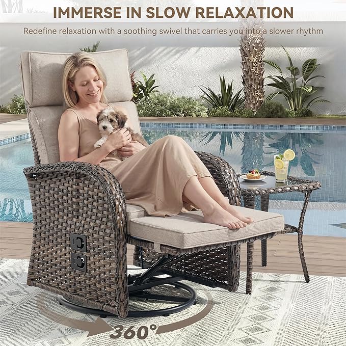 Zero Gravity Patio Swivel Rocking Recliner Chair - Wicker Outdoor Lounge Chair with Adjustable Backrest & Footrest, All Weather Reclining Rocker Chairs with Thick Cushion for Pool Deck Beige JelwalyPatioFurnitureSet