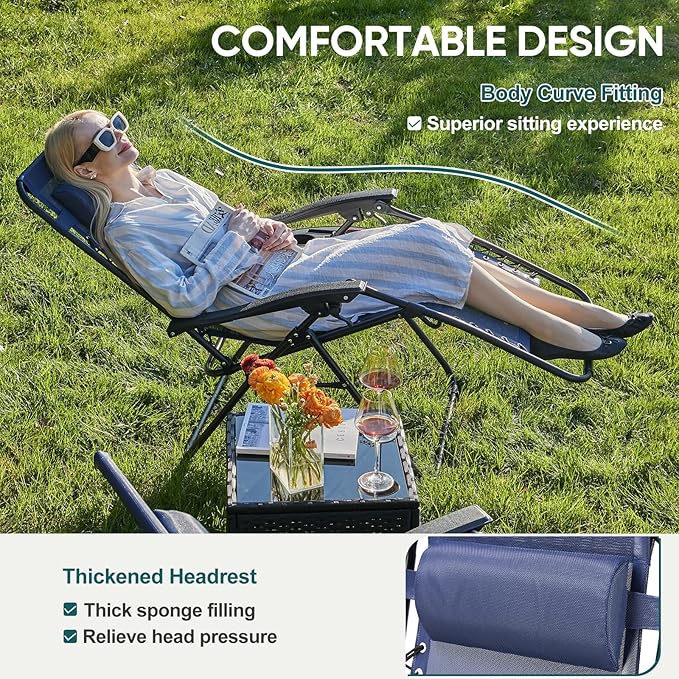 NEWBULIG Zero Gravity Chair Set of 4, Lounge Chair Folding Portable Adjustable Camping Reclining Chairs with Adjustable Pollow, Mesh Back, Cup Holder Trays Lawn Patio Chair for Pool Beach - Blue NEWBULIG