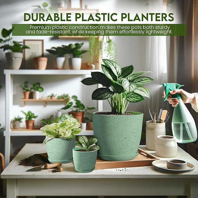 Utopia Home - Spotty Plant Pots Indoor with Drainage - 7/6.6/6/5.3/4.8 Inches Flower Pots - 10 Pack Plastic Planters - Ideal for Stocking Stuffers - (Speckled Mint, Pack of 10) UTOPIAHOME