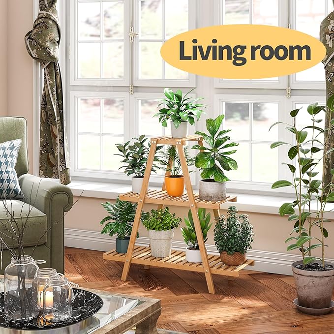 Bamboo Plant Stand - Indoor/Outdoor 3 Tier Plant Ladder, 8 Potted Flower Holder, Natural Furshus