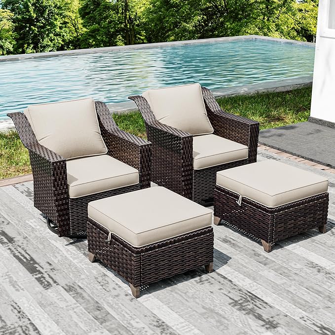 Joyside Wicker Patio Furniture Sets, 4 Pieces Upgraded Large Size Outdoor Furniture with Swivel Rocking Patio Chairs and Outdoor Ottoman, Thick Cushions, Wide Armrest Joyside