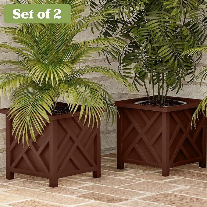 Lattice Design Outdoor Planter Box 2-Pack - 14.75” Square 13” Tall Brown Decorative Plant Pots for Front Porch Decor - Flower Pots Outdoor Planters for Porch Patio or Garden Decor by Pure Garden PureGarden