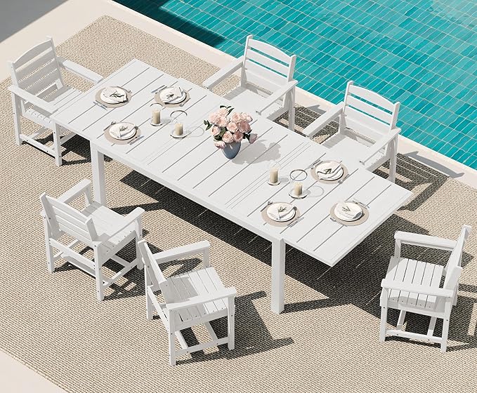 SERWALL 7-Piece Patio Dining Sets, 60" - 83" Expandable Outdoor Dining Table and 6 HDPE Chairs, All Weather HDPE Outdoor Furniture Set for Backyard, Garden, White SERWALL