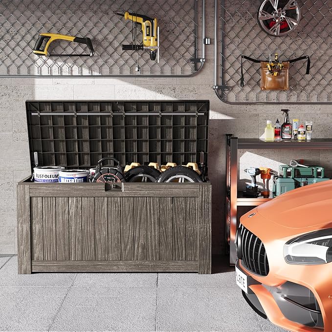 Greesum Outdoor Storage Box 120 Gallon Storage Bin with Lid for Patio Furniture, Garden Tools, Pool Supplies, Lockable, Waterproof and UV Resistant, Coffee BuynowfromGreesum
