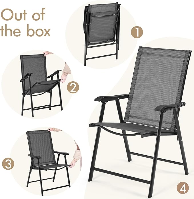 Yaheetech Patio Dining Chairs Set of 2 with Armrests, Outdoor Folding Chairs with Metal Frame and Backrest for Lawn, Garden, Yard and Poolside, Black Yaheetech