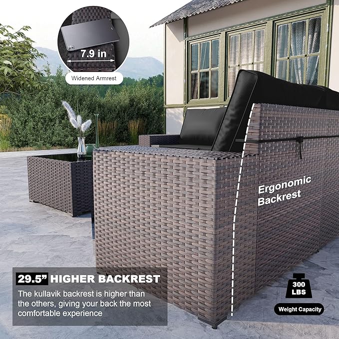 Kullavik 6PCS Outdoor Patio Furniture Set PE Wicker Rattan Sectional Sofa Patio Conversation Sets,Black KULLAVIK