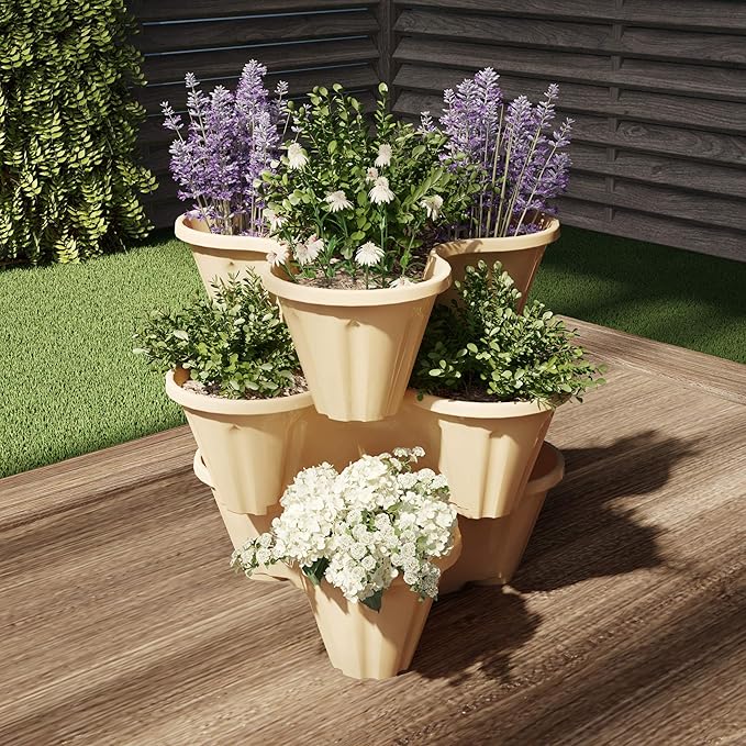 Set of 3 Stacking Planter Tower - 3-Tier Space Saving Flower Pots - Indoor/Outdoor Vertical Herb and Vegetable Planter by Pure Garden (Sand Stone) PureGarden