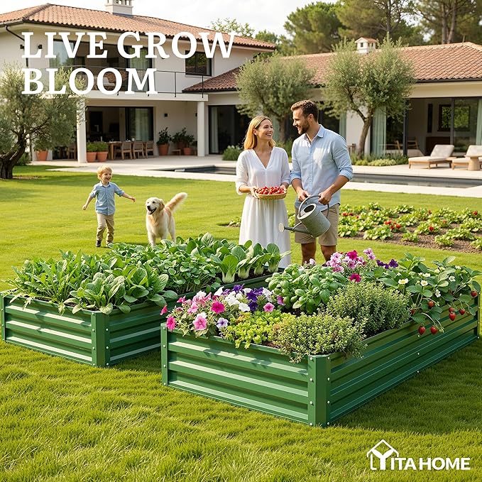 YITAHOME 6x3x1ft 2pcs Large Raised Garden Bed Kit, Galvanized Metal Planter Box with Gloves, Ground Nails, Support Rod, Outdoor Above Ground Planters for Plants Vegetables Flowers, Green YITAHOME