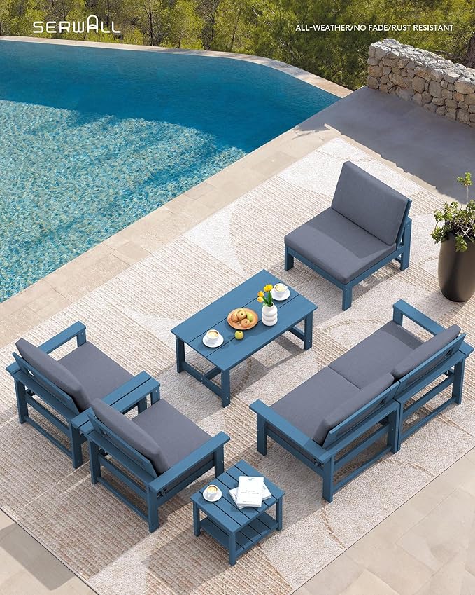 SERWALL HDPE Patio Sofa Set, 4-piece Outdoor Sectional Furniture Set, All Weather Outdoor Couch Set Patio Furniture Set for Deck, Lawn, Blue Frame with Grey Cushion SERWALL