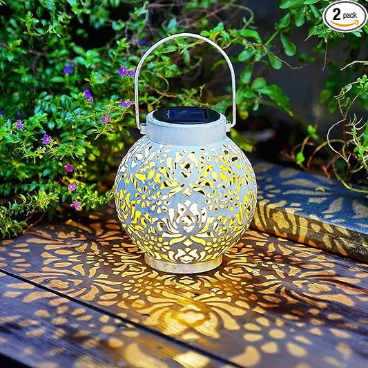 2 Pack Outdoor Solar Hanging Lantern Lights Metal LED Decorative Lamp for Garden Patio Courtyard Lawn and Table with Hollowed-Out Design (White) ExcMark