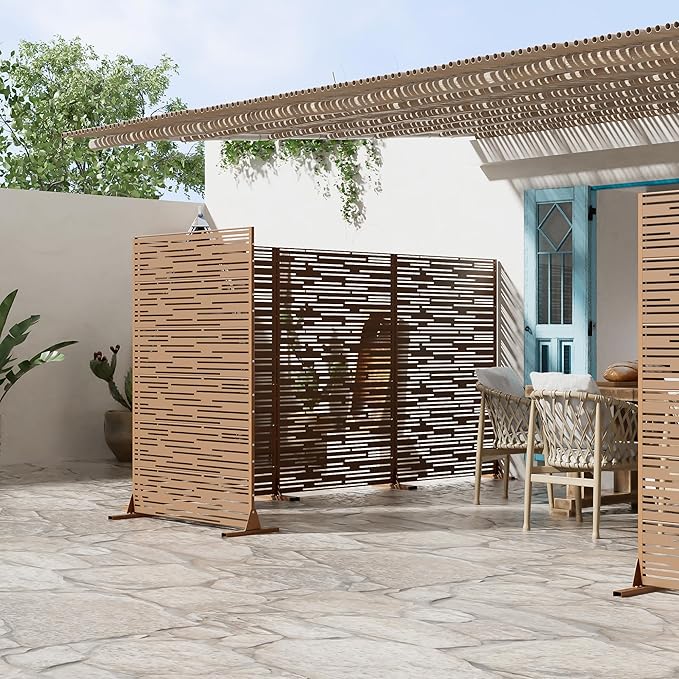 Casaphoria Metal Privacy Screen Outdoor, 72" H x 47" W Freestanding Decorative Privacy Screen for Patio Deck Balcony Garden with Stable Base, Brown-Shine Casaphoria