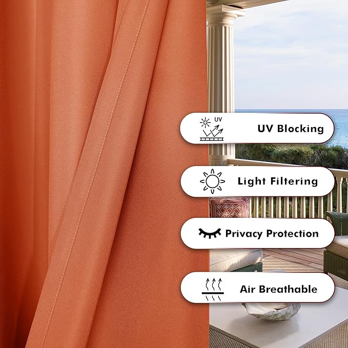 BONZER Waterproof Outdoor Curtains for Patio Porch Pergola Cabana Light Filtering Privacy Grommet Indoor Curtain Panels for Bedroom Living Room, 1 Panel, 54W x 108L inch, Mecca Orange Bonzer