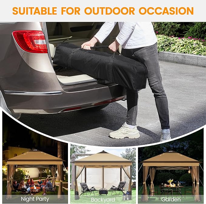 Yaheetech 11'x11' Pop Up Gazebo Instant Tent with 17 Solar LED Lights & Zippered Mesh Netting, Outdoor Shelter Sun Shade Gazebo with Sandbags for Backyard Garden Patio, Khaki & Brown Yaheetech