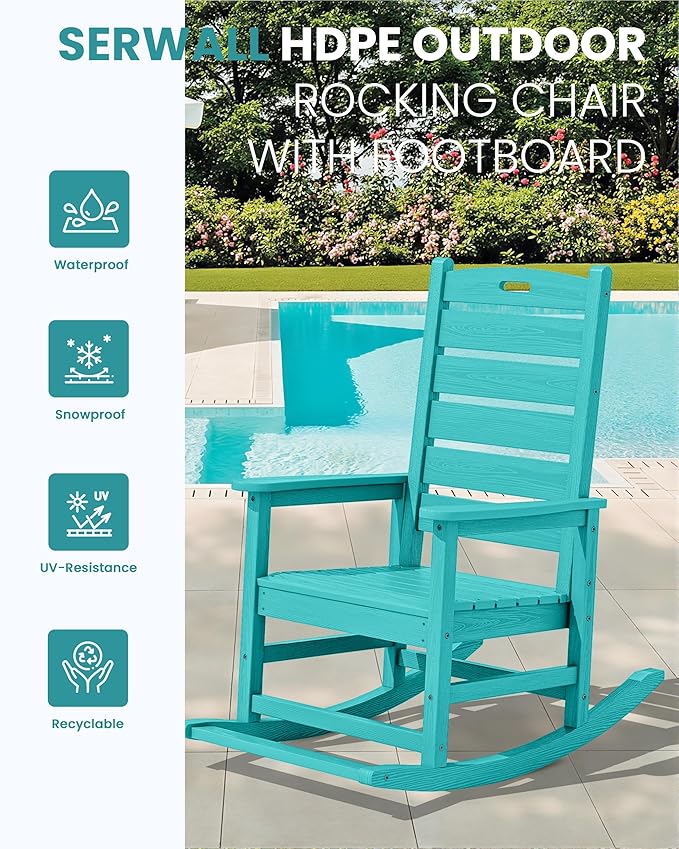 SERWALL Outdoor Rocking Chair Set of 2, Oversized Rocking Chair with Footboard for Adults, HDPE All Weather Resistant Rocking Chairs for Patio, 350lbs Weight Capacity,Aruba SERWALL