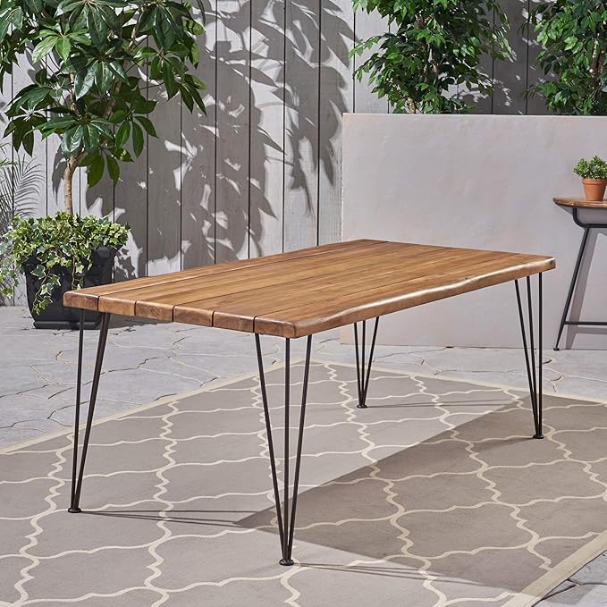 Christopher Knight Home Kama Patio Dining, Rectangular, 72", Acacia Wood Table Top, Rustic Iron Hairpin Legs, Teak Finish, Metal ChristopherKnightHome