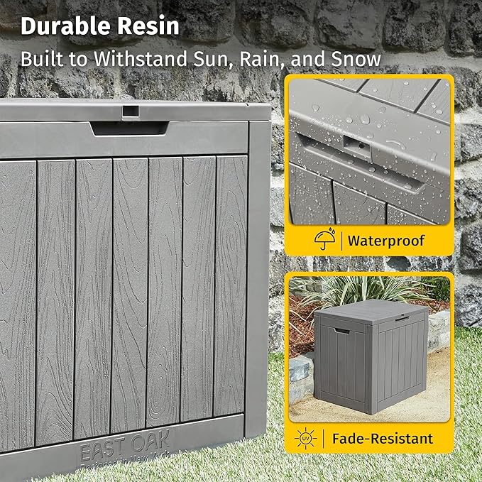EAST OAK Outdoor Storage Box, 31 Gallon Deck Box Indoor and Outdoor Use, Waterproof Resin Storage Bin for Package Delivery, Patio Cushions, Gardening Tools, Lockable, UV Resistant, Grey EASTOAK