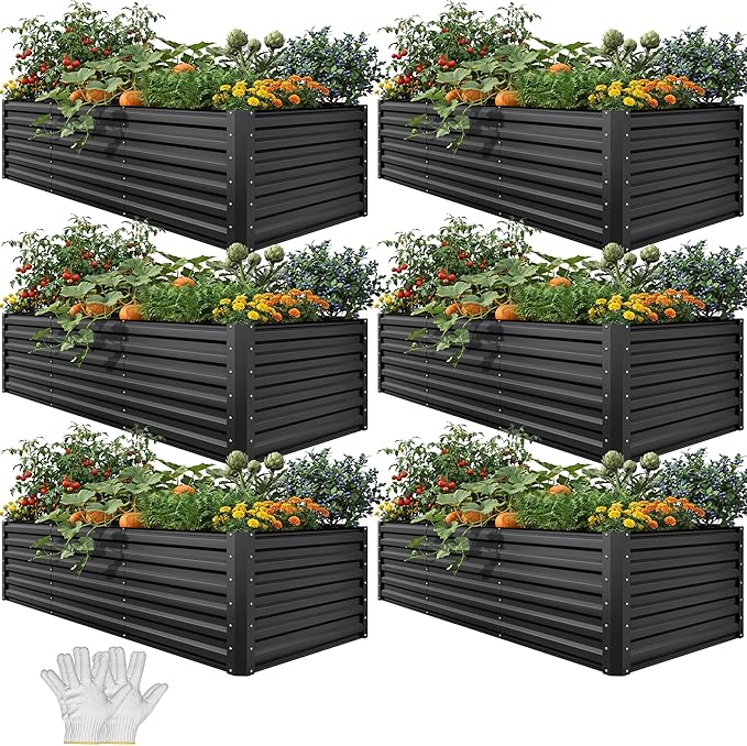 YITAHOME 6pcs 8x4x2 ft Galvanized Raised Garden Bed Kit, Large Metal Planter Box with Gloves, Safety Rubber & Support Rod, Outdoor Flower Bed for Plants Vegetables, Black YITAHOME