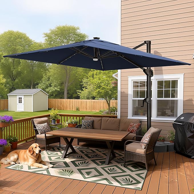 HOMSHADE 10 ft Square Cantilever Patio Umbrella with Base Included, Solar Lights Large Umbrella Outdoor Patio with 360°Rotation&Tilting, LED Lighted Offset Umbrellas w/Stand for Pool Deck HOMSHADE