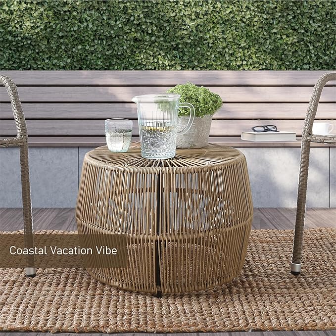 Furniture of America Ysar Boho Rattan Round Coffee Table Outdoor with Metal Frame, All-Weather and Rust Resistant, Handcrafted Coastal Furniture for Patio, Poolside, Garden, Yard, Natural Brown FurnitureofAmerica