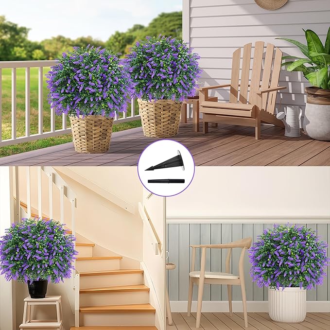 Artificial Boxwood Topiary Ball with Lavender, Set of 2 Artificial Shrub Bushes with Ground Spike, UV Resistant Fake Evergreen Plant Tree for Porch Outdoor Planters Indoor Valentine's Day FEELTHENEWWORLD