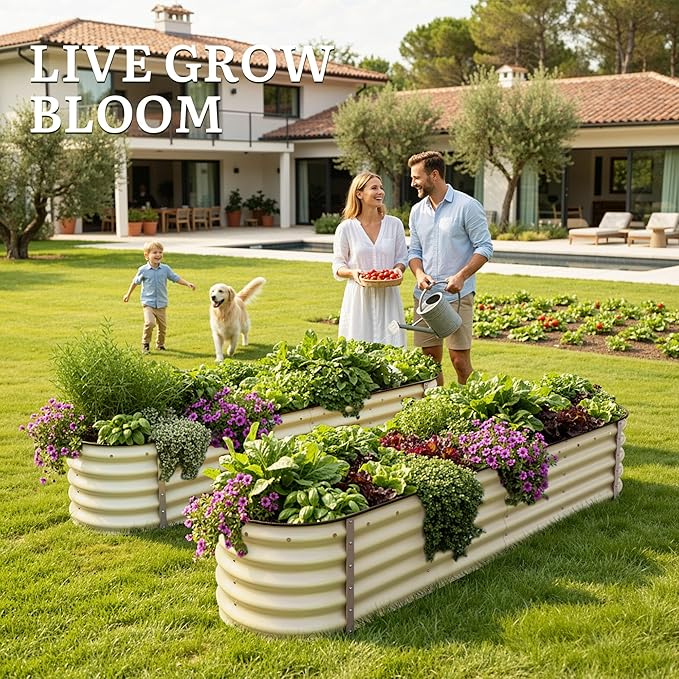 YITAHOME 17" Tall 9 in 1 Raised Garden Bed Kit,96x24 in Large Galvanized Metal Planter Box with Gloves & Safety Rubber, Outdoor Flower Bed for Plants Vegetables Flowers, White YITAHOME