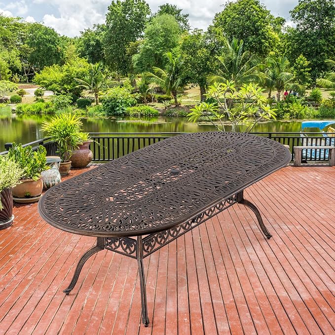 Outdoor Patio Dining Table - All-Weather Cast Aluminum 87" x 28.5“ Oval Patio Table with 2" Umbrella Hole for Balcony Lawn Garden Backyard Attliahome