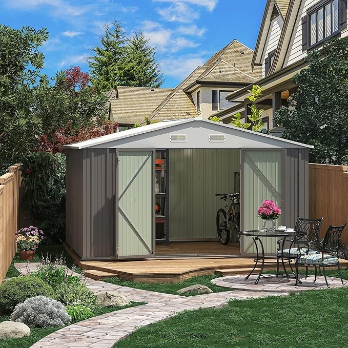 Greesum 10×8FT Outdoor Storage Shed, Metal Patio Storaged Sheds with Lockable Doors, Sheds & Outdoor Storage for Patio, Backyard, Pool and Garden, Gray BuynowfromGreesum
