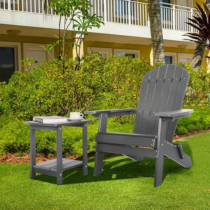 Double Adirondack Outdoor Side Table Weather Resistant, Outdoor Rectangular Patio End Table for Adirondack Chair, Grey Meluvici