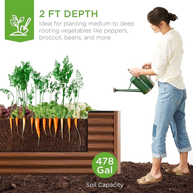 Best Choice Products 8x4x2ft Outdoor Metal Raised Garden Bed, Deep Root Planter Box for Vegetables, Herbs & Flowers, 478-Gallon Capacity, 100% Non Toxic Materials - Wood Grain BestChoiceProducts