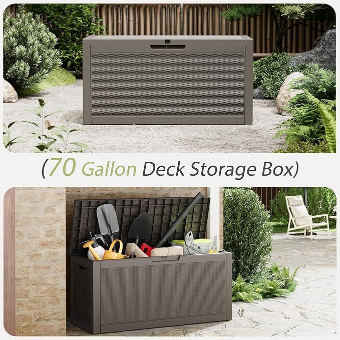 Outdoor Storage Box, Resin Deck Boxes Indoor and outdoor, Waterproof Storage Box Lockable Lid (Grey,70 Gallon) NBYSGO